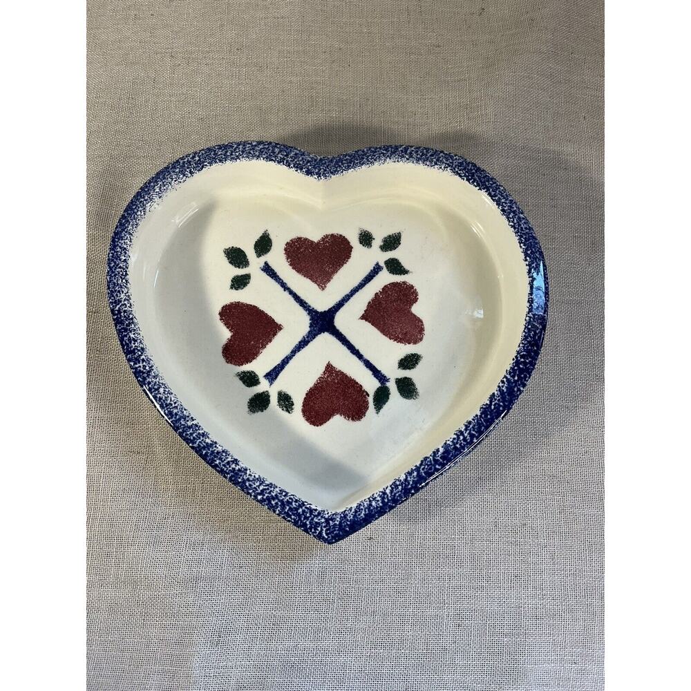 Ceramic Heart Baker White Red Blue Spongeware Serving Dish Flat Earth Clay Works